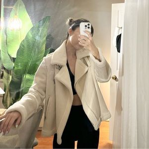 White faux suede aviator jacket